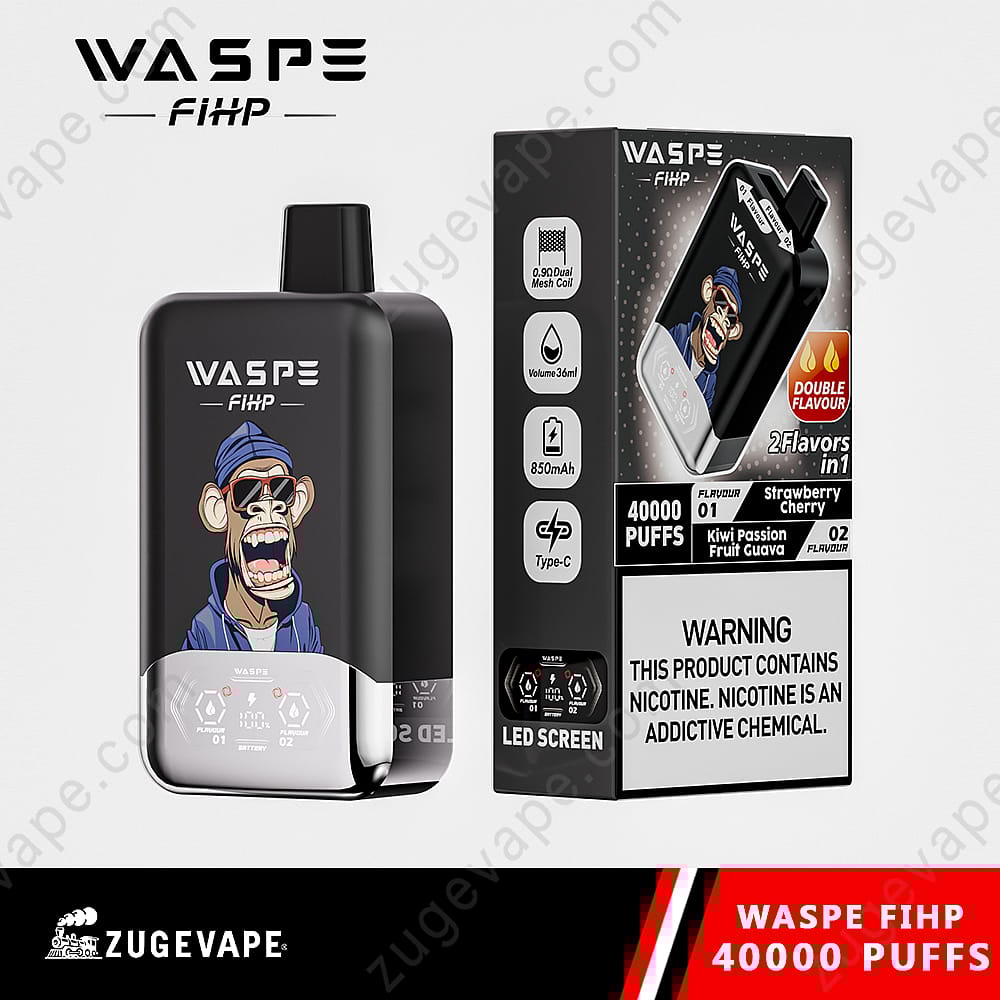 Un dispositivo per svapare nero con l'etichetta "Waspe Fihp" e il design di una scimmia dei cartoni animati, dotato di 40.000 tiri, doppia bobina a maglie, batteria da 850 mAh, schermo a LED, ricarica di tipo C e due gusti: fragola ciliegia e kiwi frutto della passione guava.
