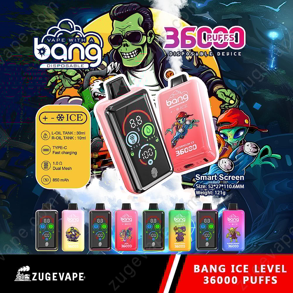 Kleurrijke wegwerp-vape-apparaten met digitale schermen, met 'Bang Ice Level 36000 Puffs'-branding en levendige afbeeldingen.