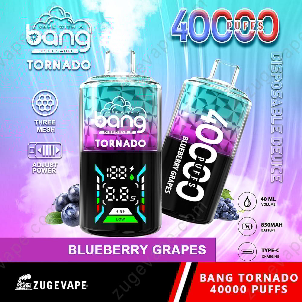 Afbeelding van een kleurrijk vape-product met de branding &quot;Bang Tornado&quot; en het label &quot;Blueberry Grapes.&quot; Het apparaat is ontworpen om 40.000 trekjes te leveren, heeft een volume van 40 ml en wordt aangestuurd door een 850 mAh-batterij. Het bevat details over instelbaar vermogen en opladen via type-C. De achtergrond heeft een verloop van blauw en paars met afgebeelde bosbessen.