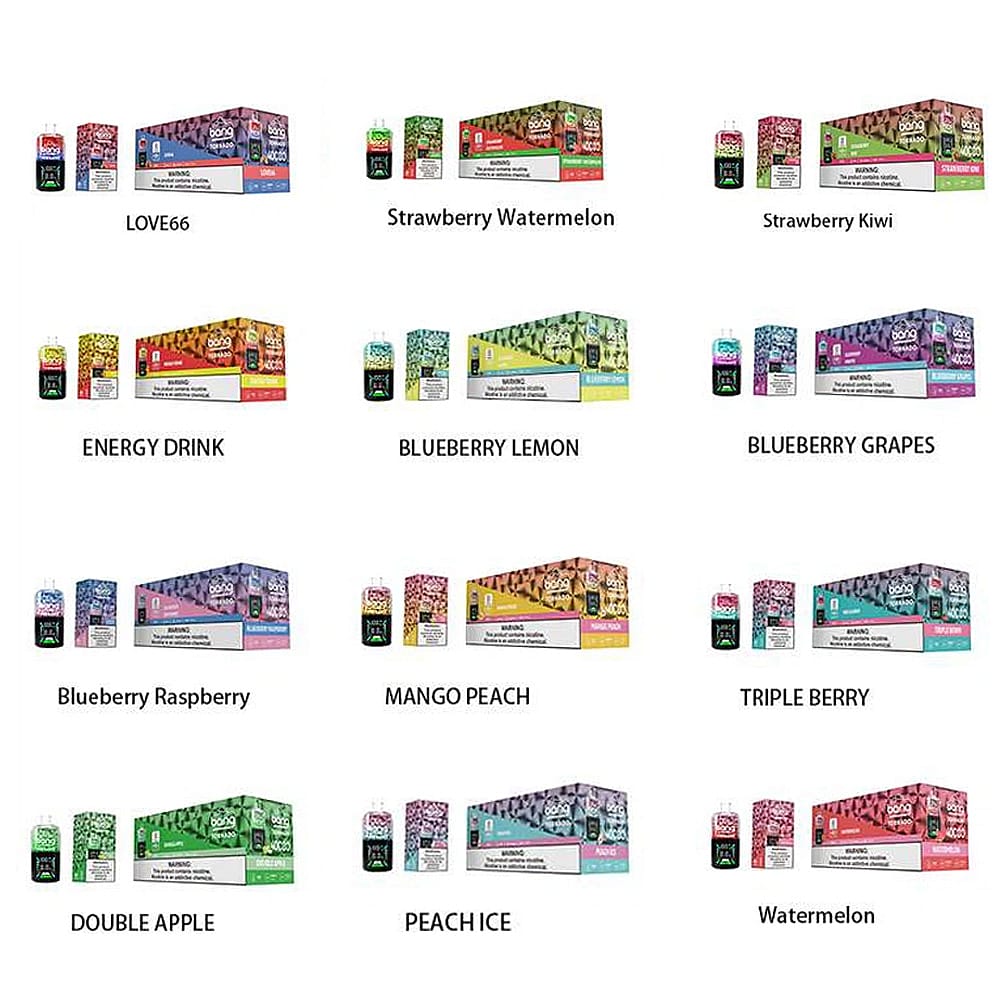 Een raster met verschillende gearomatiseerde drankverpakkingen, waaronder Love66, aardbei-watermeloen, aardbei-kiwi, energiedrank, bosbes-citroen, bosbes-druiven, bosbes-framboos, mango-perzik, driedubbele bes, dubbele appel, perzikijs en watermeloen.