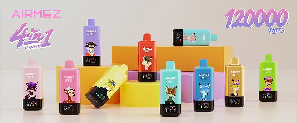 A Collection Of Colorful Airmez 4-In-1 Vape Devices With Cartoon Animal Illustrations On Each, Displayed On Yellow And Orange Platforms With Text Indicating 120000 Puffs And 4-In-1 Flavor Features.