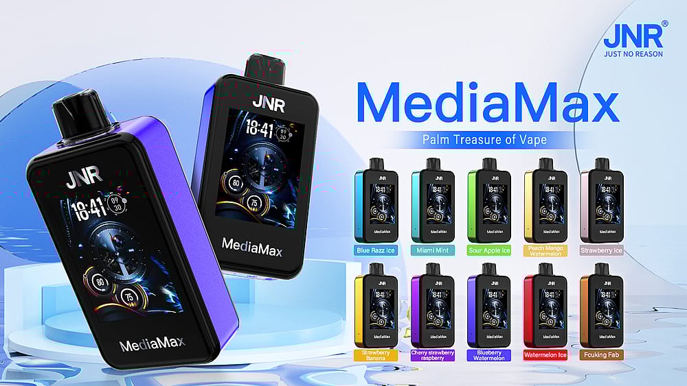 &Quot;Mediamax Vape-apparaten van Jnr in verschillende kleuren en smaken, waaronder Blue Razz Ice, Miami Mint, Sour Apple Ice, Peach Mango Watermelon, Strawberry Ice en meer, weergegeven op een promotionele achtergrond.&Quot;