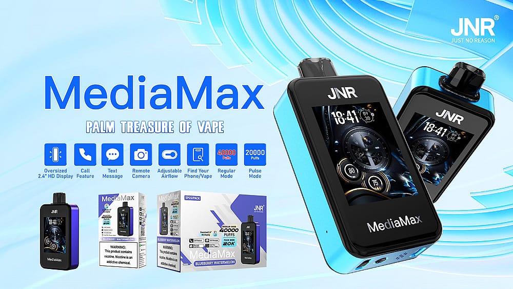 Mediamax Vape-apparaat met 2,4 inch HD-scherm, bel- en sms-functies, externe camera, instelbare luchtstroom en capaciteit van 40.000 trekjes. Afbeelding toont verpakking en apparaat.