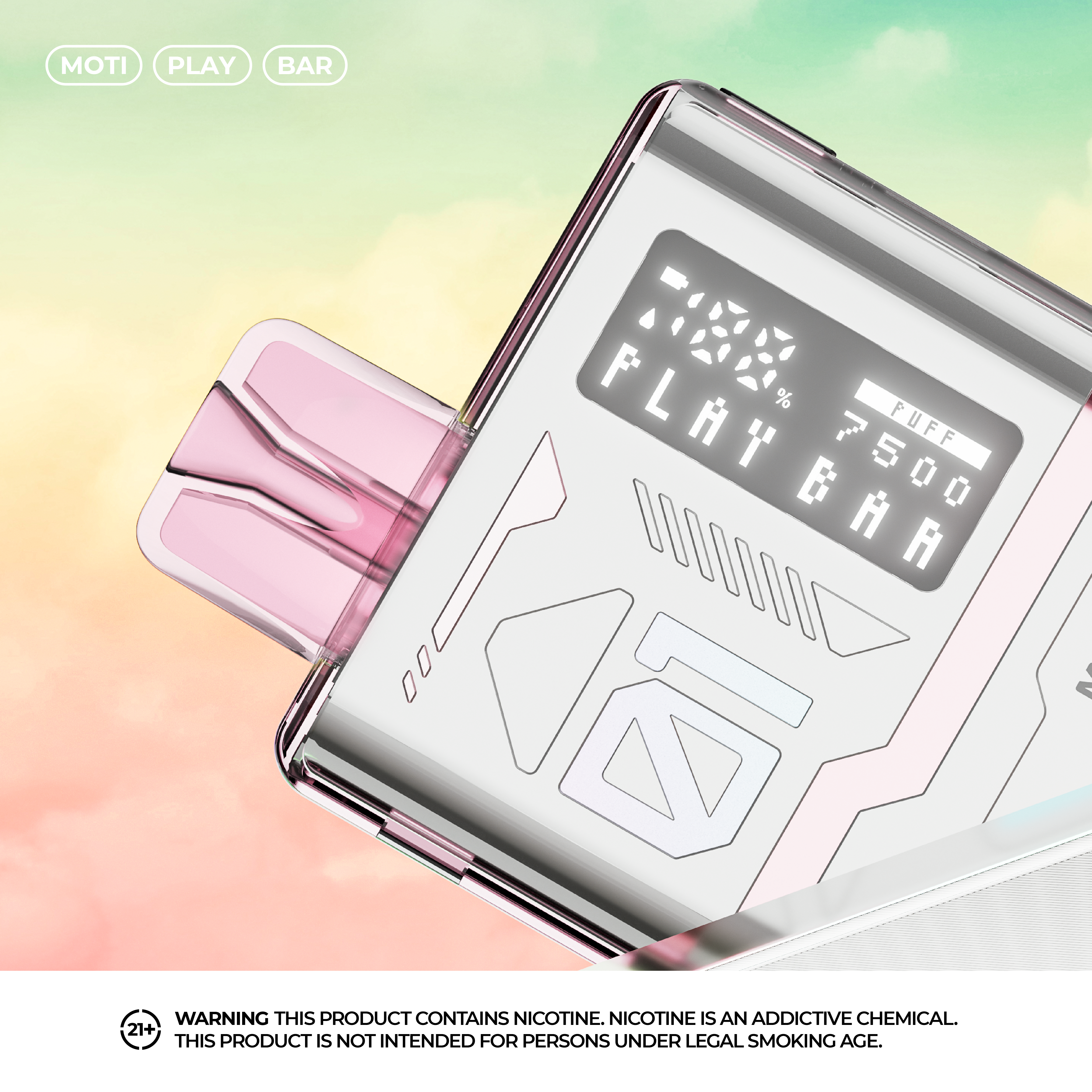 Acquista Moti Vapes usa e getta 7500 puff in grandi quantità 4 Un elegante dispositivo per lo svapo con un bocchino rosa trasparente, un display digitale che mostra "100%", "Puff 7500" e il marchio "Play Bar", su uno sfondo sfumato pastello.