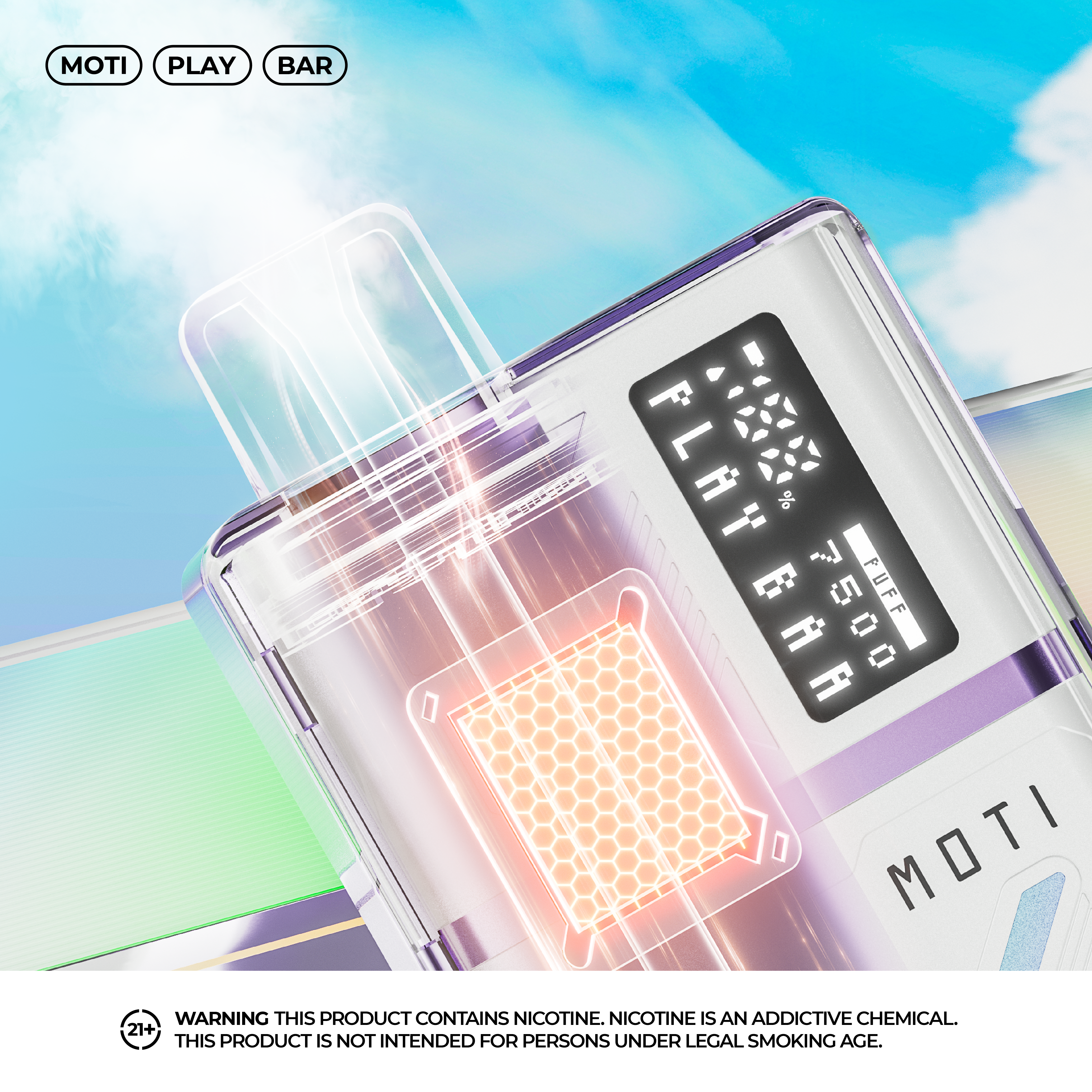 Acquista Moti Vapes usa e getta 7500 puff in grandi quantità 3 Primo piano di un dispositivo per svapare con un bocchino trasparente, un elemento riscaldante luminoso e un display digitale che mostra il numero di tiri e la percentuale della batteria su uno sfondo di cielo azzurro.