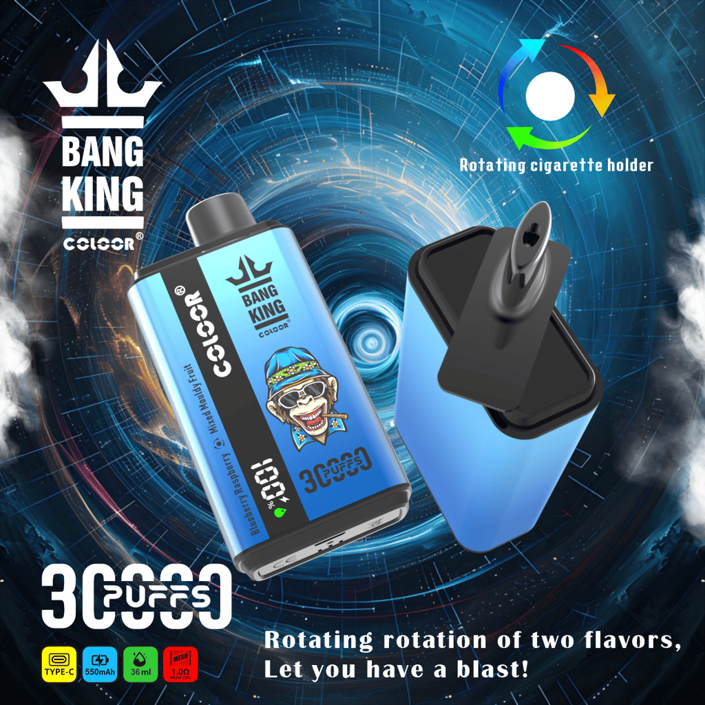 Bang King 30000 Puffs A Blue Vape Device Labeled &Quot;Bang King 30000 Puffs&Quot; With A Rotating Cigarette Holder, Promoting 30,000 Puffs And Dual Flavors, Featuring A Cartoon Design And Product Details.