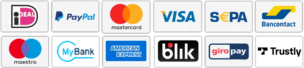 理想、PayPal、MasterCard、Visa、SEPA、Bancontact、Maestro、MyBank、American Express、Blik、Giropay、および信頼できる支払い方法ロゴのグリッド。