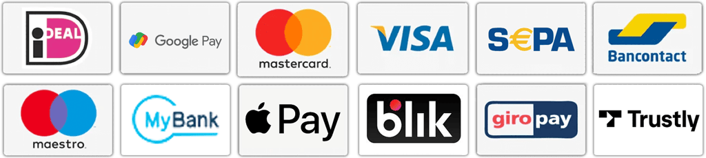 Betaallogo's van verschillende aanbieders, gerangschikt in een raster, waaronder onder andere D-Pay/Deal, Google Pay, Mastercard, Visa, SEPA, Bancontact, Maestro, MyBank, Apple Pay, blik, giroPay en Trustly.