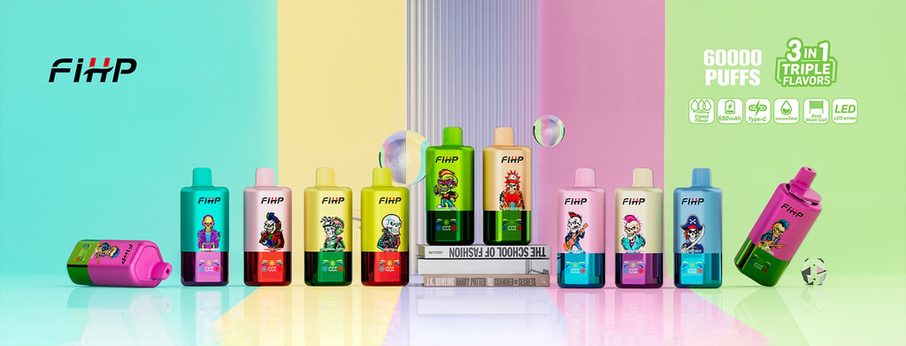 Fihp Triple 60000 Puffs 60K 3 In 1 Triple Flavors Disposable Vape 14 A Lineup Of Colorful Fihp Triple 60000 Puffs With Cartoon Character Designs On Each, Arranged In A Gradient Background From Teal To Green, Featuring Text Indicating 60,000 Puffs, 3 In 1 Triple Flavors, 650Mah Battery, Type-C Charging, 54Ml Volume, Dual Mesh Coil, And Led Screen Specifications.