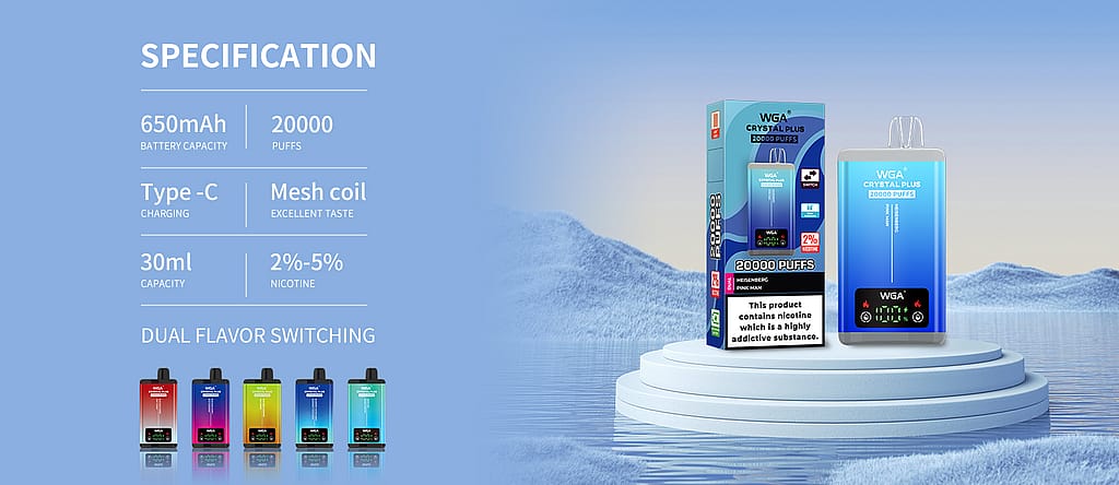 Specifiche del dispositivo per lo svapo: capacità della batteria di 650 mAh, 20.000 boccate, ricarica di tipo C, bobina a rete, capacità di 30 ml, nicotina 2%-5% e doppio cambio di sapore.