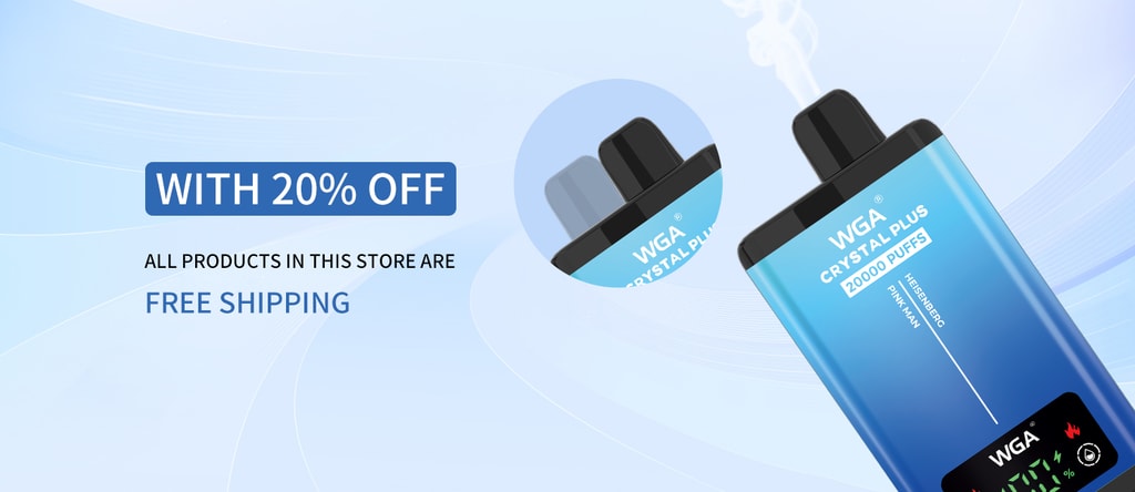Wga Crystal Plus 20000 Puffs Dual Flavor 20K Einweg-Vape 20 „Werbebanner mit einem WGA Crystal Plus Vape-Gerät und dem Text ‚Mit 20% Rabatt‘ und ‚Alle Produkte in diesem Geschäft sind versandkostenfrei.‘“