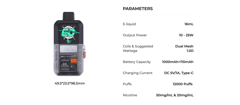 Moti Go Pro Pod 12000 Puffs Kit rechargeable 12 Un appareil de vapotage avec un affichage numérique, doté d'un dessus noir et d'un corps transparent, affichant diverses spécifications telles que la capacité du e-liquide, la puissance de sortie, la capacité de la batterie, les bouffées et les niveaux de nicotine.