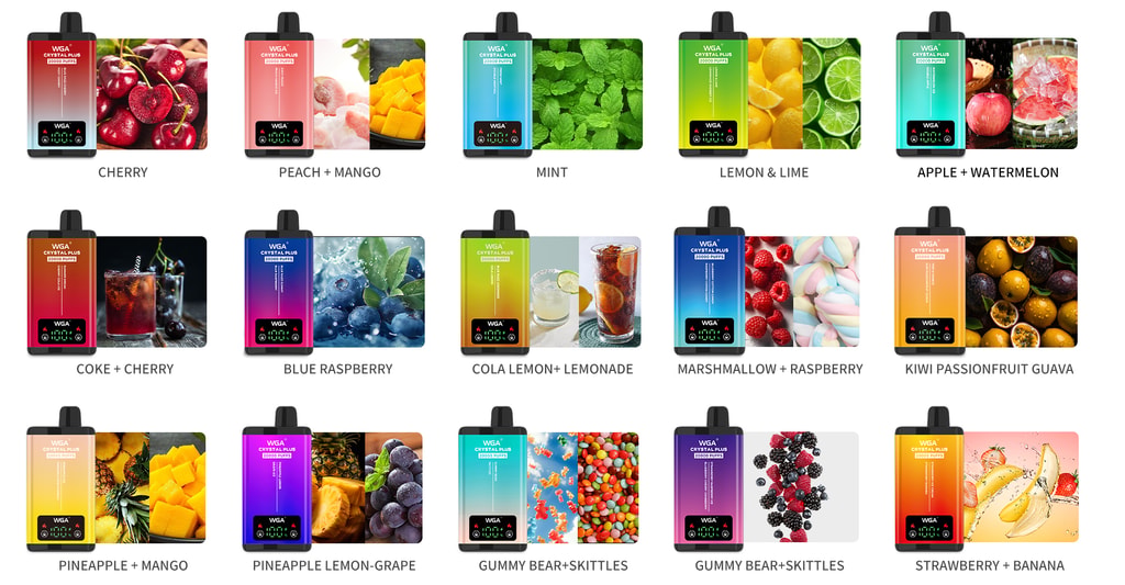 Wga Crystal Plus 20000 Puffs Dual Flavor 20K Einweg-Vape 22 Eine Auswahl an Vape-Geräten mit verschiedenen Geschmacksrichtungen, darunter Kirsche, Pfirsich-Mango, Minze, Zitrone-Limette, Apfel-Wassermelone, Cola-Kirsche, Blaue Himbeere, Cola-Zitronen-Limonade, Marshmallow-Himbeere, Kiwi-Passionsfrucht-Guave, Ananas-Mango, Ananas-Zitronen-Traube, Gummibärchen-Skittles und Erdbeer-Banane.
