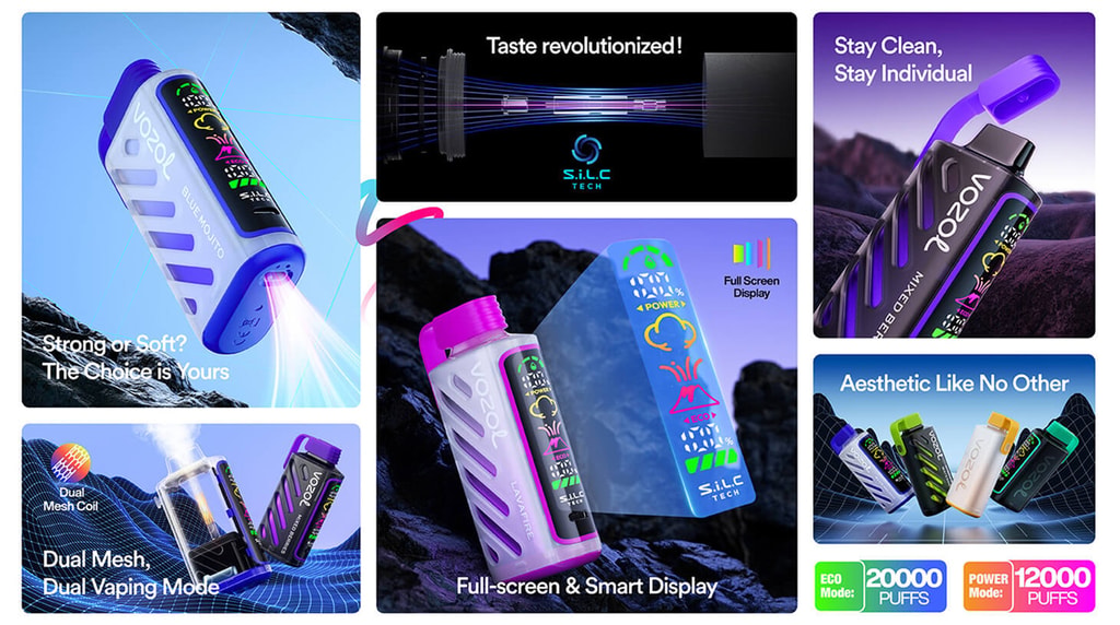 Une image promotionnelle présentant un appareil de vapotage coloré et futuriste avec des fonctionnalités telles qu'un écran intelligent plein écran, deux modes de vapotage, la technologie Silc pour une saveur améliorée et un design ergonomique élégant. Il met en évidence les options pour 20 000 bouffées en mode éco et 12 000 bouffées en mode puissance, avec une esthétique dynamique et une personnalisation individuelle.