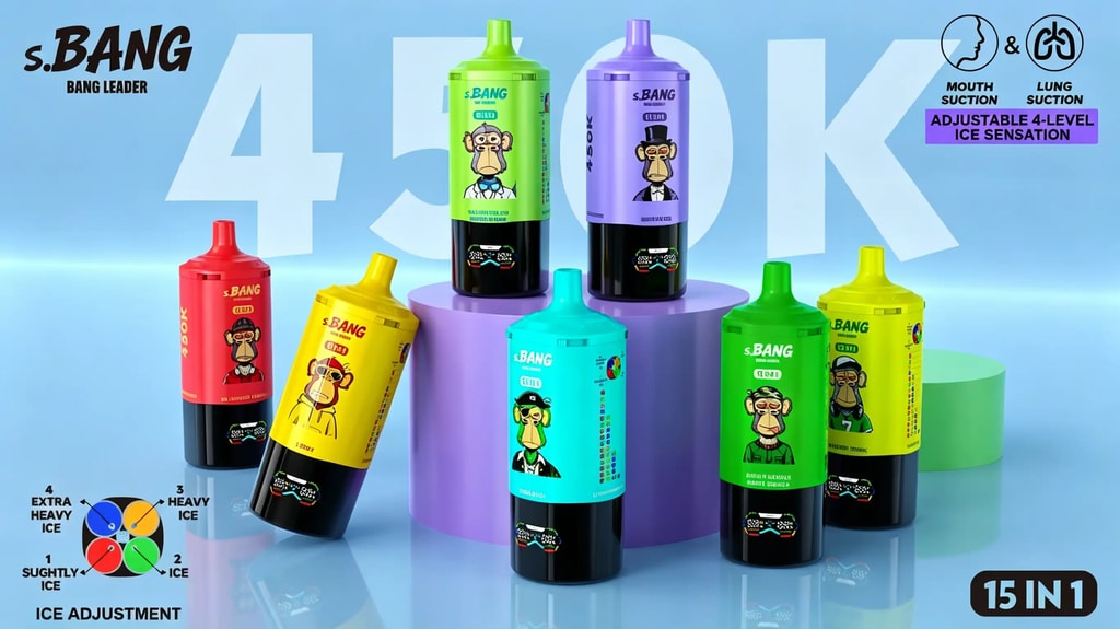 Assorted Bang Leader 450K Puffs Vibration Bottle Colors Arranged Around A Blue Pedestal With Large &Quot;45 0K&Quot; Background Text, Featuring Cartoon Character Labels And 15 In 1 Health Product Set.