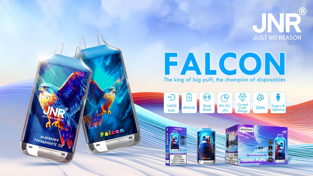 Dos dispositivos Falcon Vape de Jnr con un gráfico de águila, etiquetados como "El rey de las grandes bocanadas". Las características incluyen 16,000 bocanadas, batería de 850 Mah, malla doble, capacidad de 22 ml, nicotina 0%-5%, diseño de cristal y carga tipo C y Lightning.