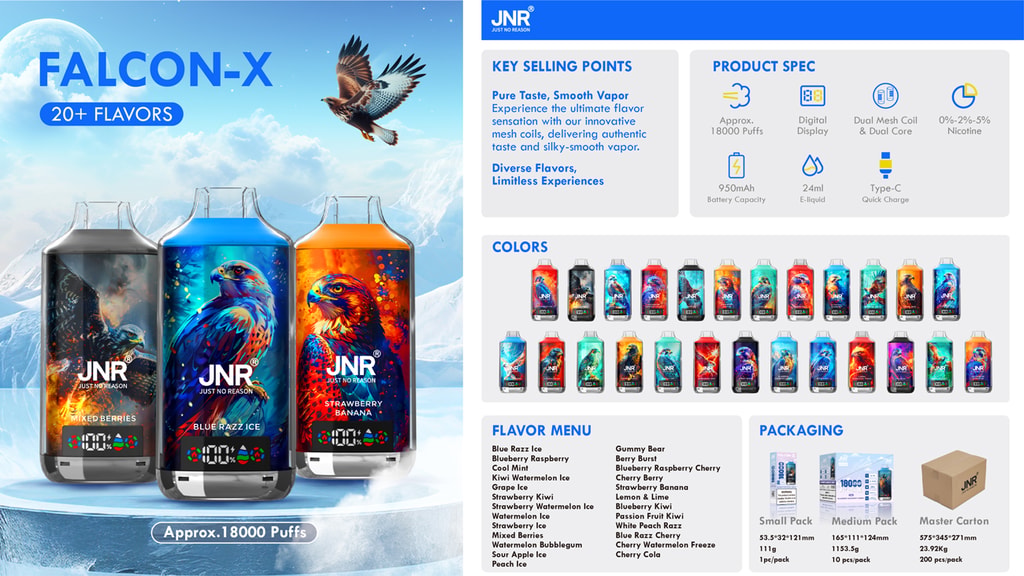 Where To Purchase Crystal Vapes In Germany 10 Three Large Vape Devices Labeled &Quot;Jnr Just No Reason&Quot; With Falcon Artwork, In Flavors Mixed Berries, Blue Razz Ice, And Strawberry Banana. Text Highlights Include &Quot;Falcon-X,&Quot; &Quot;20+ Flavors,&Quot; And Key Selling Points Like Smooth Vapor And Mesh Coils. Product Specifications, Color Options, Flavor Menu, And Packaging Details Are Provided.