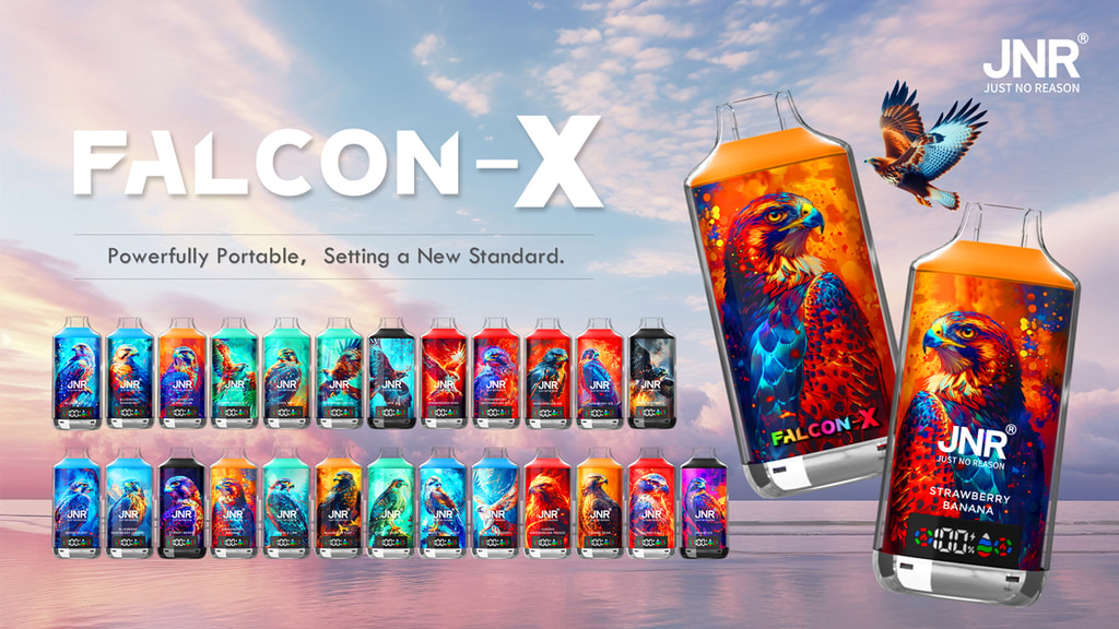 Jnr Falcon-X 18000 Puffs Véritable vape jetable 18K - Disponible à l'unité et en gros 34 Appareils électroniques Falcon-X avec des illustrations Falcon vibrantes, affichant une variété de modèles sur un fond de ciel pittoresque.