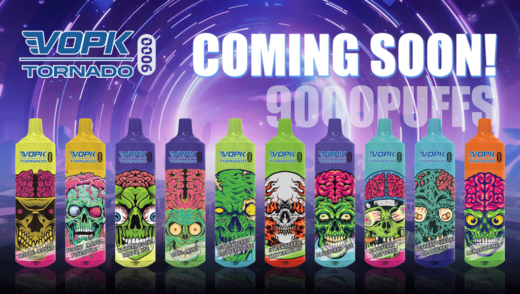 Vopk Tornado 9000 Puffs Vape – 小売および卸売可能 | 低価格のお問い合わせ歓迎 13 さまざまなフレーバーのカラフルな頭蓋骨と脳のデザインを備えた蒸気装置が表示されます。