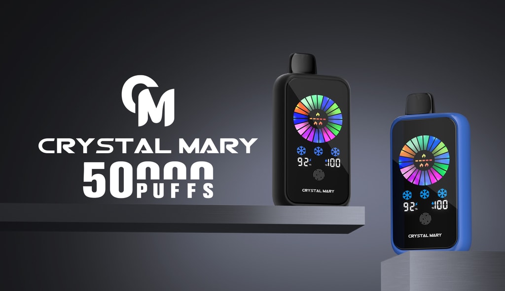 Crystal Mary Groove 50000 パフ 50K 調整可能なニコチン スマート スクリーン 使い捨て VAPE 12 カラフルなデジタル ディスプレイを備えた Crystal Mary Groove 50000 Puffs デバイスは、ブランドのロゴと暗いグラデーションの背景に「Crystal Mary 50,000 Puffs」というテキストの隣のスタンドに表示されます。.