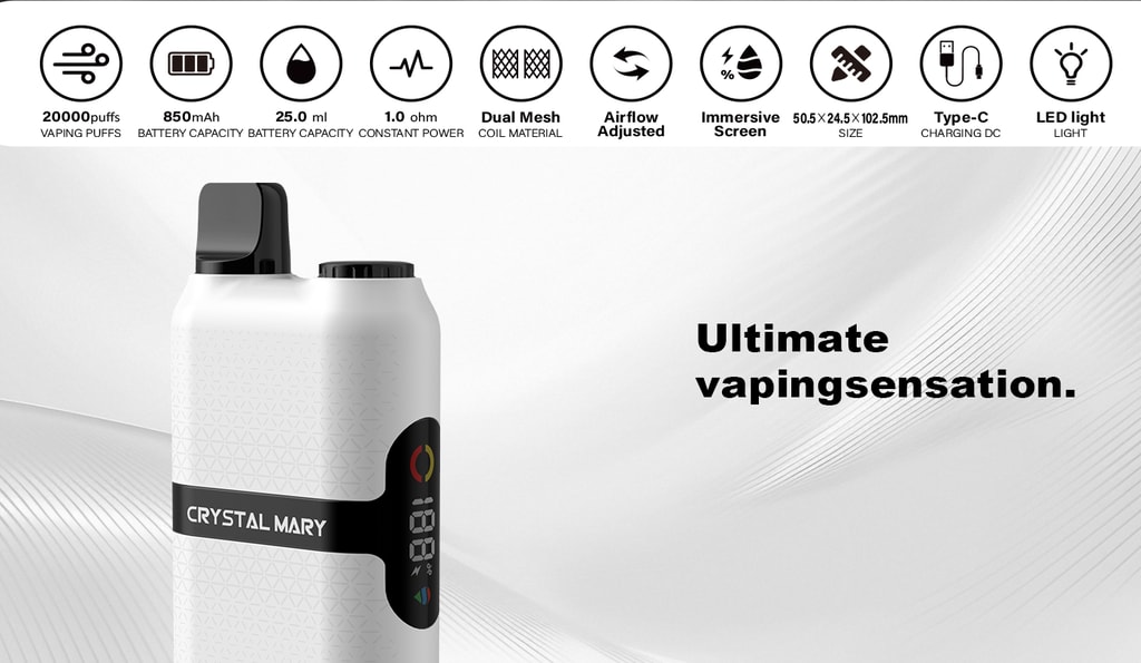 Crystal Mary Space Rocket 20000 Puffs 20K Immersive Screen Disposable Vape 13 White Crystal Mary Space Rocket 20000 Puffs Device With Black Mouthpiece And Digital Screen, Shown Alongside Icons And Specs Including 20,000 Puffs, 850Mah Battery, 25Ml Capacity, Dual Mesh Coil, Adjustable Airflow, Type-C Charging, And Led Light, With The Tagline 'Ultimate Vaping Sensation.'