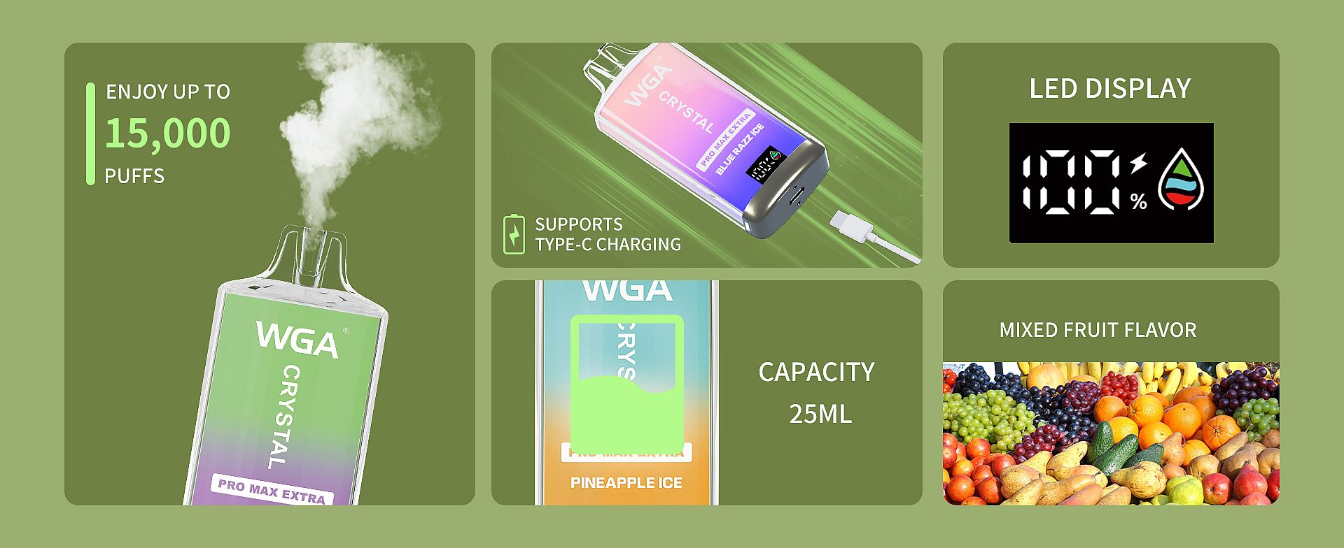 Un dispositivo per svapare con un design sfumato verde e viola etichettato &quot;Wga Crystal Pro Max Extra&quot; con 15.000 tiri, ricarica di tipo C, display a LED, capacità di 25 ml e aroma di frutta mista.