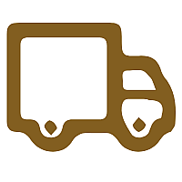 Een eenvoudig bruin pictogram van een bezorgwagen met twee wielen en een vierkante laadruimte.