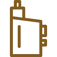 Een bruin pictogram van een vape-apparaat met een rechthoekig lichaam en een mondstuk aan de bovenkant.