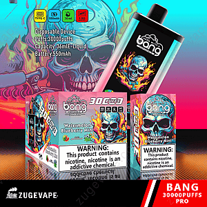 Bang 30000 Pro engångsvapeapparat med vattenmelonblåbärsmintsmak. Funktioner: 30000 puffar, 36mL e-vätska, 550mAh batteri och Type-C-laddning. Förpackningen innehåller en skalldesign och missbruksvarning.