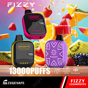Vapeadores desechables de la marca Fizzy en tres colores y sabores, que incluyen fresa, kiwi berry ice y un diseño morado, cada uno ofrece 13.000 bocanadas y muestra una carga de 100% en pantallas digitales.