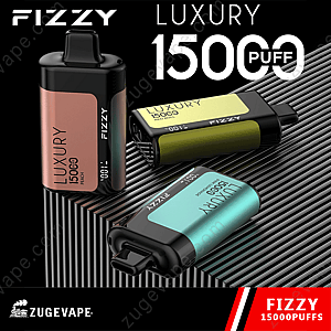 Dispositivos de vapeo desechables de lujo Fizzy en varios colores, etiquetados con "15000 bocanadas" y sabores como melocotón, Red Bull y piña y mango, exhibidos sobre una superficie negra rayada.