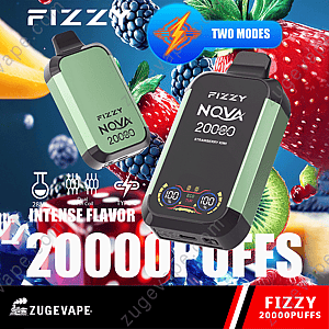 Dispositivo de vapeo desechable Fizzy Nova de 20000 bocanadas con bobina de malla doble, carga tipo C, dos modos (Eco y Turbo) y sabor intenso, con un sabor a fresa y kiwi en la pantalla, sobre un fondo de bayas mixtas y kiwi.