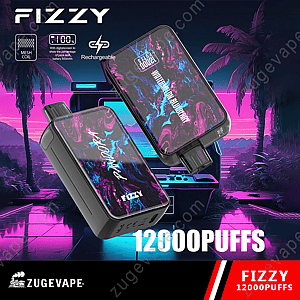 Un colorido dispositivo de vapeo recargable con 12000 bocanadas, que cuenta con una pantalla digital y una bobina de malla, sobre un fondo tropical de neón.