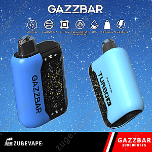 Zwei blaue Gazzbar Turbo 30000-Vape-Geräte mit Sternenkonstellationsdesigns und Symbolen für 30.000 Züge, 18 ml Flüssigkeit und 5% Nikotin.