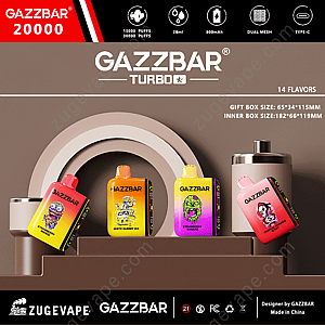 Exhibición del dispositivo de vapeo GAZZBAR Turbo 20000 con cuatro modelos coloridos con diseños de dibujos animados, resaltando características clave como 15000/30000 bocanadas, capacidad de 28 ml, batería de 800 mAh, bobina de malla dual y carga USB tipo C.