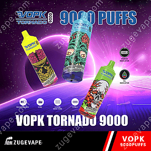 Appareils de vapotage VOPK Tornado 9000 aux designs colorés variés, dotés d'indicateurs de puissance et d'huile, de rechargeabilité, d'une capacité de 18 ml, d'un noyau en maille de 1,0 ohm, d'une charge de type C et du texte « 9000 PUFFS ».