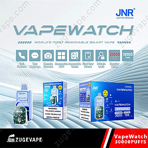 JNR VapeWatch 30k från JNR, världens första avtagbara smarta vape med funktioner som samtal, sms, fjärrkamera, appkontroll, telefonsökare, privat lås och alternativ för 30 000 eller 18 000 bloss.