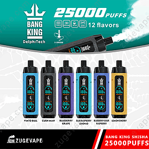 Bang King Shisha 25000 Vape-Display mit sechs Geräten in verschiedenen Farben und Geschmacksrichtungen, Werbung für 25.000 Züge und 12 verfügbare Geschmacksrichtungen von Zugevape.