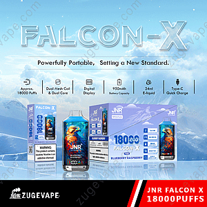 JNR Falcon-X 18000 Puffs engångsvape med 18 000 puffar, med smak av blåbärshallon, dubbel mesh-spole, digital display, 950 mAh batteri, 24 ml e-vätskekapacitet och Type-C snabbladdning.