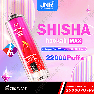 Anuncio de JNR Shisha Hookah Max 22000 Puffs que presenta un vaporizador con sabores de sandía, fresa y chicle, que ofrece 22 000 bocanadas.