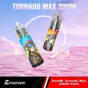 Imagen de dos vaporizadores RandM Tornado Max de 20 000 bocanadas con diseños coloridos con ilustraciones de simios estilo dibujos animados.