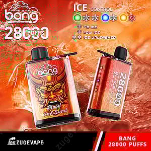 Bilder på engångsångare märkta "Bang 28000 Puffs". En av enheterna är designad med ett rött och orange demoniskt ansikte märkt "Blood And Sand", medan den andra visar "Ice Control"-indikatorn med sina gröna, blå och röda lampor som reflekterar den isiga bakgrunden.