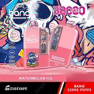 Dispositivo di svapo monouso Bang 32000 Puffs rosa al gusto di anguria ghiacciata, con 32000 tiri, capacità del liquido di 32 ml, batteria da 850 mAh, ricarica di tipo C, potenza regolabile e vivace design grafico con illustrazione di un teschio.