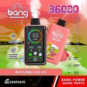 Einweg-Vaping-Gerät Bang 36000 Power mit digitaler Anzeige der Anzahl der Züge und Einstellungen, 36 ml Fassungsvermögen, 850 mAh-Akku, Aufladen Typ C, Dual-Mesh-Spule und Wassermeloneneis-Geschmack vor einem leuchtend orangefarbenen und grünen Hintergrund.