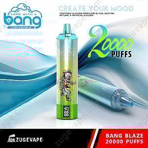 En engångsvape-enhet märkt "Bang Blaze 20000 Puffs" med en färgstark design med en zombiekaraktär och reklamtext som framhäver ingredienser och funktioner.