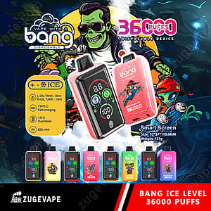 Farbenfrohe Einweg-Vaping-Geräte mit digitalen Bildschirmen, dem „Bang Ice Level 36000 Puffs“-Branding und lebendigen Grafiken.