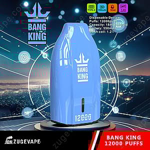 Appareil à vapotage jetable bleu avec la marque « Bang King 12000 bouffées », capacité de 12000 bouffées, e-liquide de 18 ml, batterie de 550 mAh et bobine en maille de 1,2 Ω affichée sur un fond futuriste.