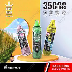 Se exhiben tres dispositivos de vapeo desechables Bang King 35000 Puffs Tornado, con 35 000 bocanadas y características destacadas como pantalla de e-líquido, pantalla de potencia y bobina de malla.
