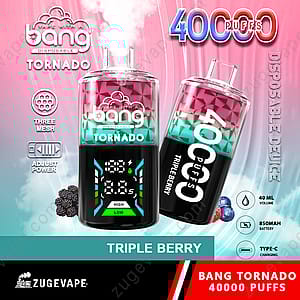 Un anuncio colorido de un dispositivo de vapeo desechable que presenta la marca "Bang Tornado 40000". El dispositivo muestra "40000 PUFFS" y el sabor "TRIPLE BERRY", con gráficos que indican potencia ajustable y un sistema de tres mallas. Menciona un volumen de 40 ml, una batería de 850 mAh y carga tipo C. El fondo es un degradado de rosa y azul, con elementos visuales de bayas.