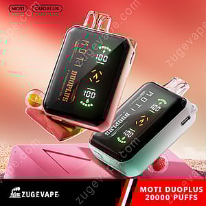 Deux appareils de vapotage Moti Duoplus 20000 Puffs avec écrans numériques affichant des indicateurs de batterie et de bouffée, placés sur un fond coloré avec des visuels de fraise et de glace.
